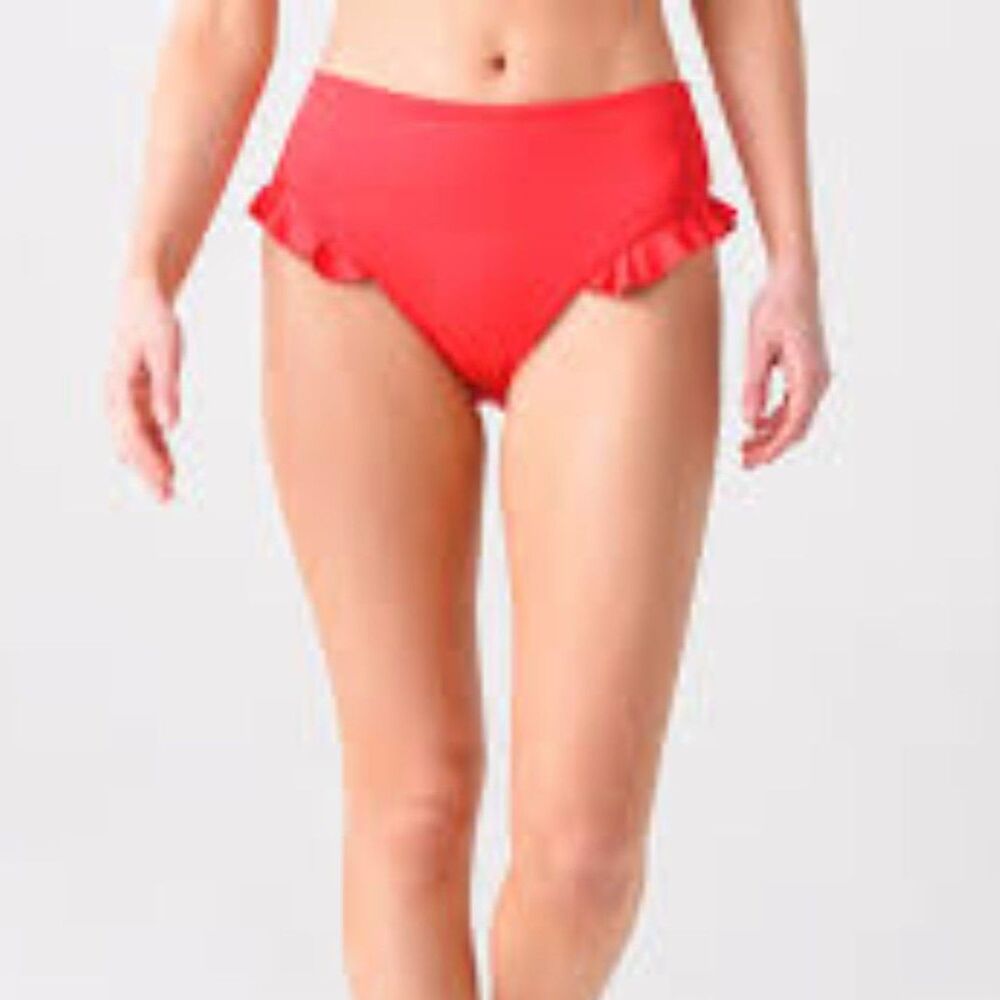 Staud Tomato Red Retro Style Ruffled Bathing Suit Bottoms Sz M